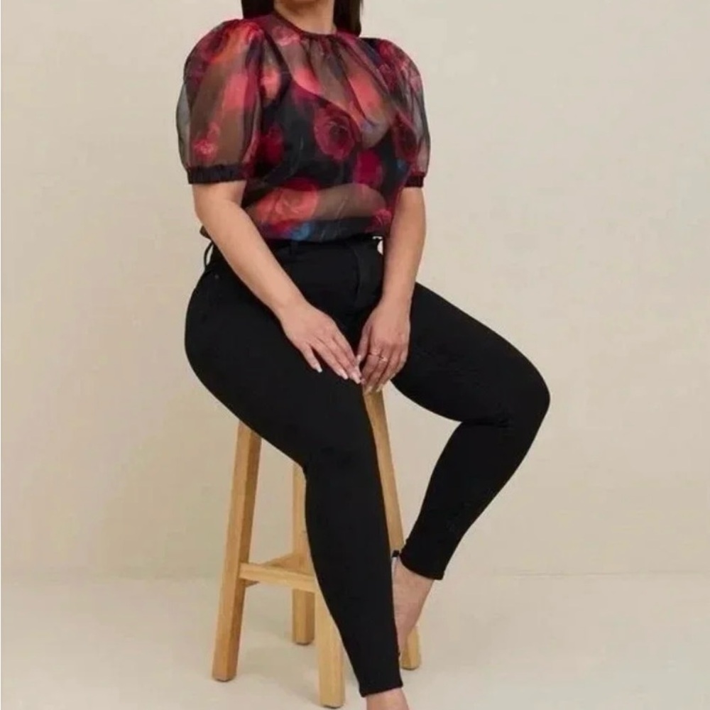 Torrid Organza Puff Sleeve Top - Red and Black Floral Sheer Blouse - Picture 2 of 7
